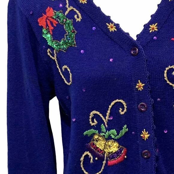 VINTAGE Bright Blue Ugly Christmas Sweater by Arriviste Beads & Sequins Small - Picture 3 of 12